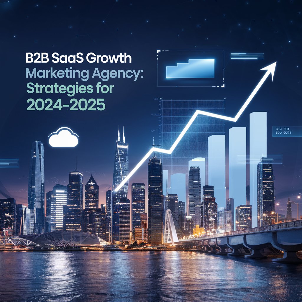 Modern cover image for a B2B SaaS growth marketing article. Features a futuristic cityscape with digital elements like graphs, cloud icons, and a growing arrow, symbolizing business growth. The topic, 'B2B SaaS Growth Marketing Agency: Strategies for 2024-2025,' is written prominently in a clean, modern font.