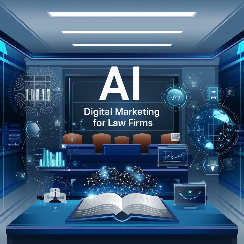 The design includes a sleek law firm setting with AI-related visuals, such as glowing analytics graphs, digital marketing icons, and futuristic holograms. The title of the blog, 'AI Digital Marketing for Law Firms,'