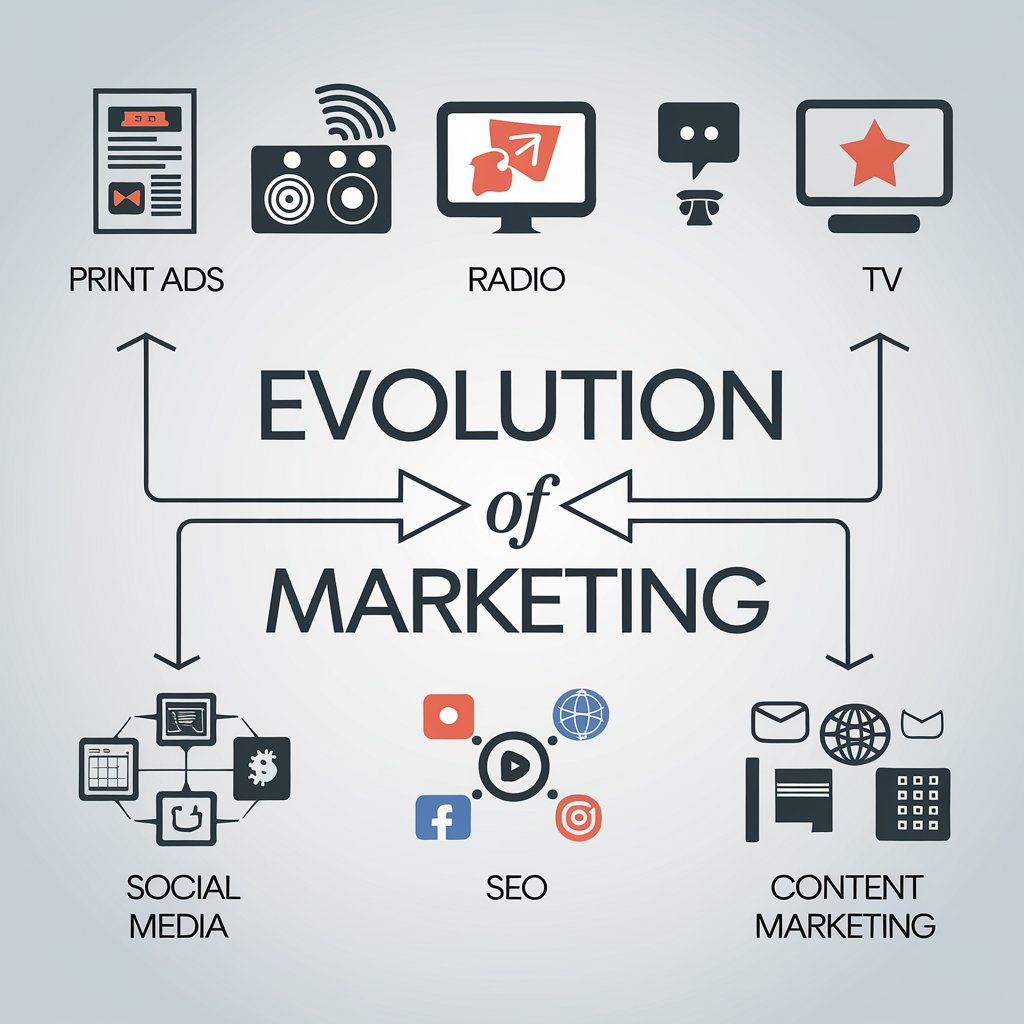 Visual representation of the evolution of marketing, highlighting print ads, radio, TV, social media, SEO, and content marketing.