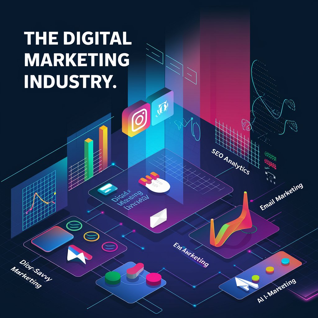 Futuristic digital marketing industry illustration showcasing SEO analytics, email marketing, AI marketing, and social media tools.