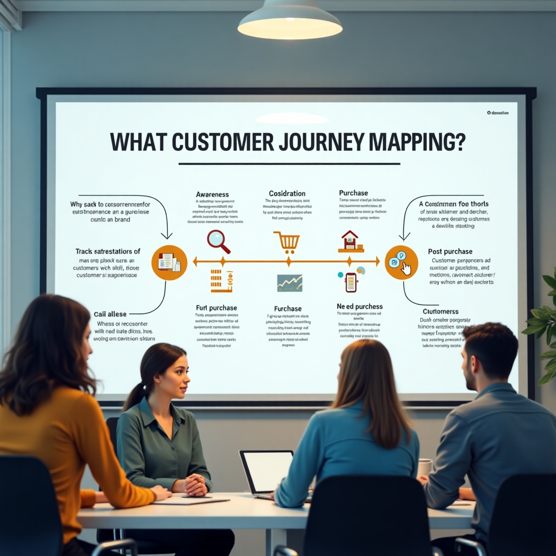 Team meeting with a presentation titled 'What Customer Journey Mapping?' highlighting stages like awareness, purchase, and post-purchase.