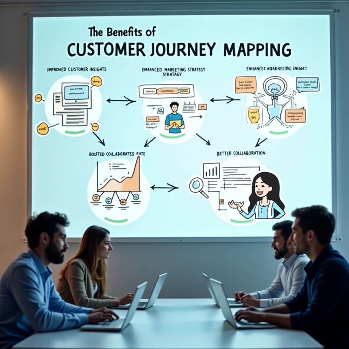 A group of people in a meeting discussing a slide titled 'The Benefits of Customer Journey Mapping,' showcasing diagrams about customer insights and collaboration.