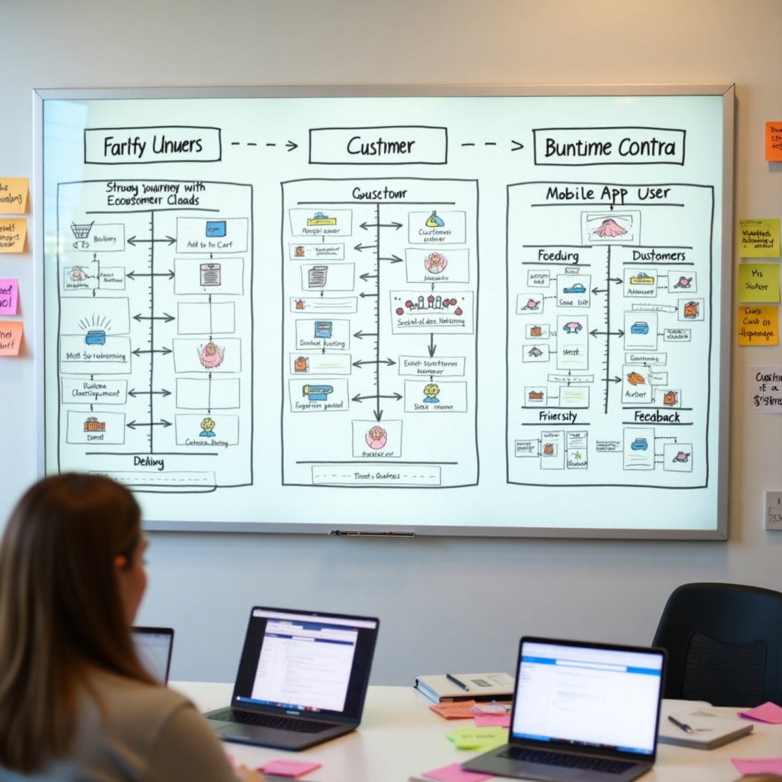 A whiteboard displays a customer journey mapping diagram with three stages, while a person works on a laptop in a meeting room.