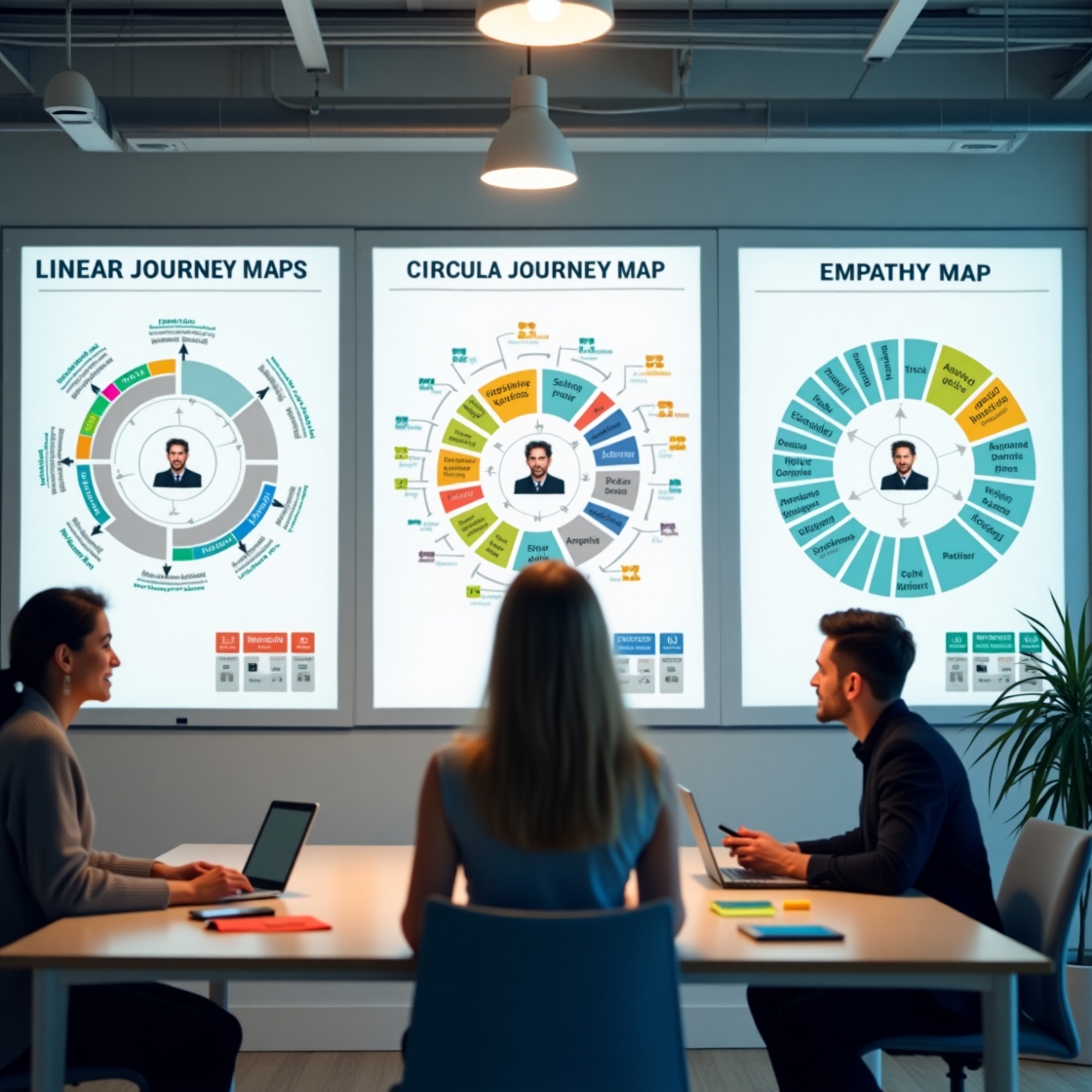 A team discussing three journey maps: Linear Journey Map, Circular Journey Map, and Empathy Map, displayed on a wall.