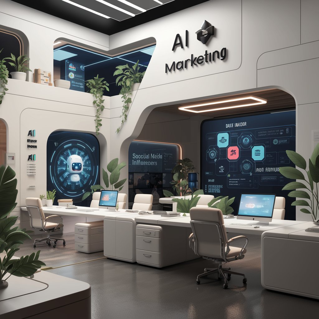 A futuristic AI marketing office with sleek designs, digital displays, and a modern workspace environment featuring advanced technology and smart automation.