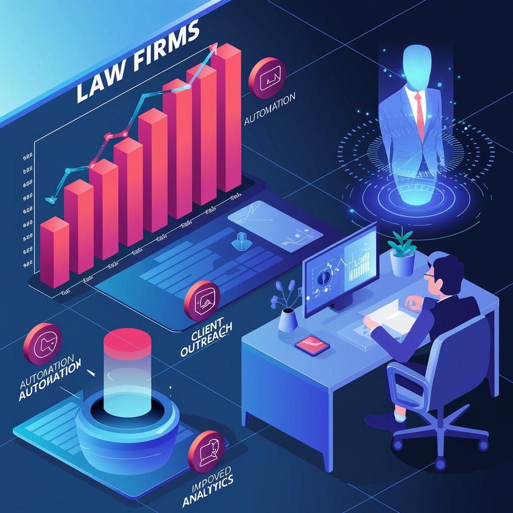 A vibrant illustration showcasing law firm analytics, automation, client outreach, and improved insights with a digital holographic assistant in a modern workspace.