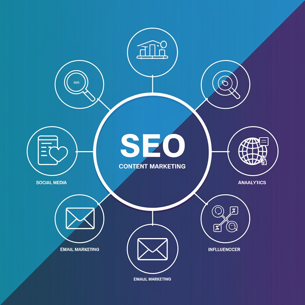 A visually appealing infographic showcasing key components of SEO content marketing, including social media, email marketing, analytics, and influencer marketing.