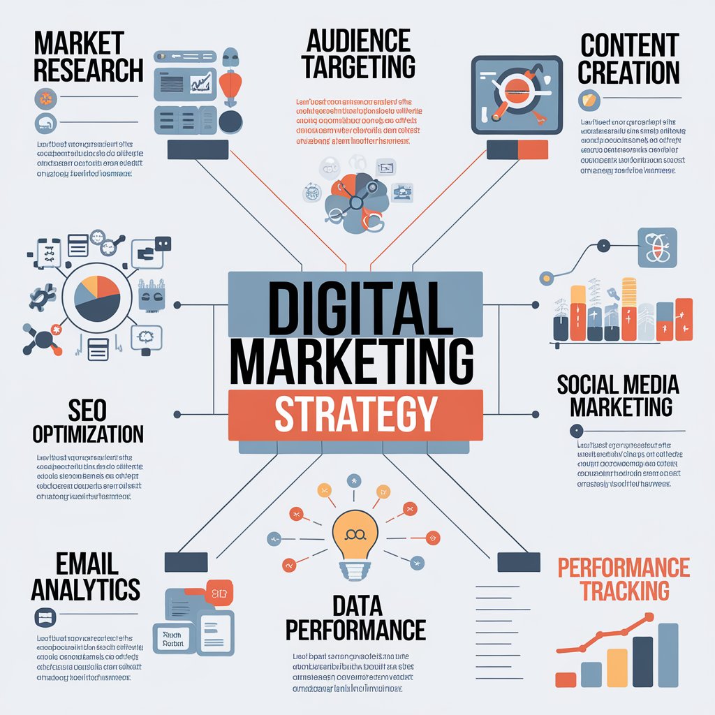 A comprehensive infographic showcasing elements of a digital marketing strategy.