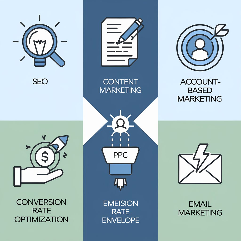 Infographic showcasing key B2B SaaS growth marketing services: SEO, content marketing, account-based marketing, PPC, conversion rate optimization, and email marketing, with icons and brief descriptions.