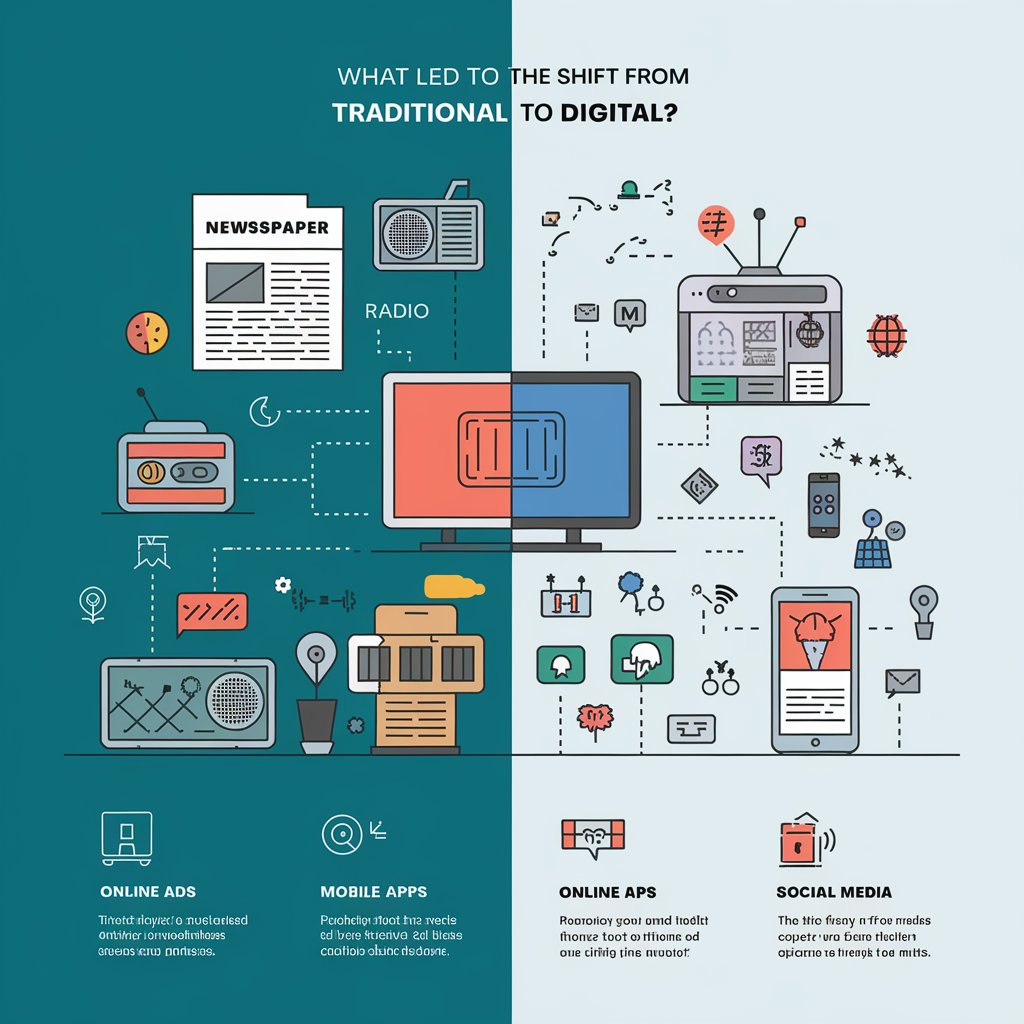 Infographic showing the transition from traditional media (newspaper, radio) to digital platforms (apps, social media).