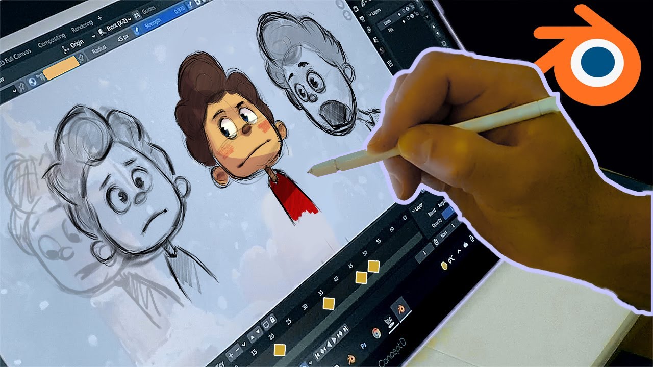 Digital animation creation in progress, featuring character sketches and coloring on a tablet using Blender software